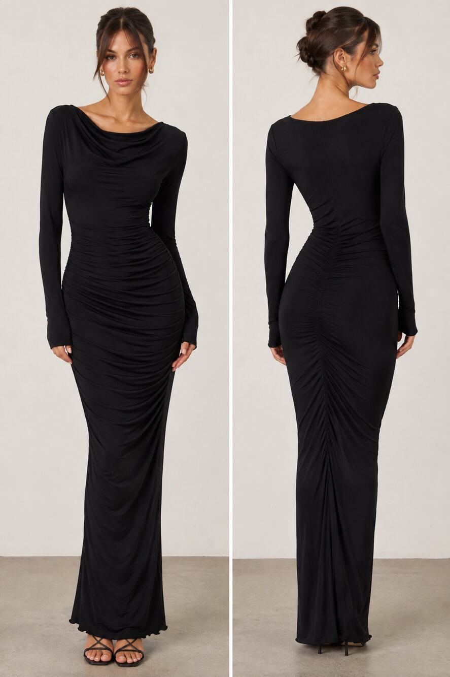 New Naked Wardrobe Black Ruched Long Sleeve Bodycon Maxi Dress XS
